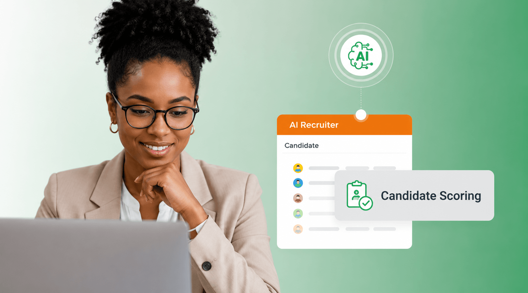 A recruiter reviewing her laptop next to an AI Recruiter candidate-scoring panel, with a Candidate Scoring callout