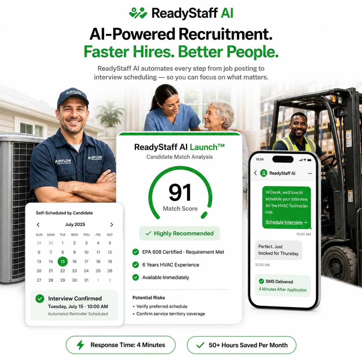 Ready Staff AI Launch candidate match analysis showing a 91 match score, an interview self-scheduled onto a calendar, and an SMS conversation confirming the booking