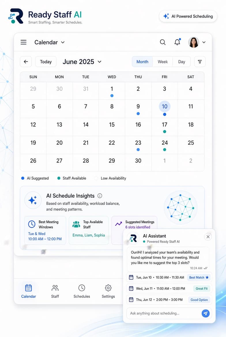 Ready Staff AI Launch calendar: an AI-powered scheduling view showing suggested meeting times, staff availability, and an AI Assistant chat panel recommending the top 3 interview slots for the week.