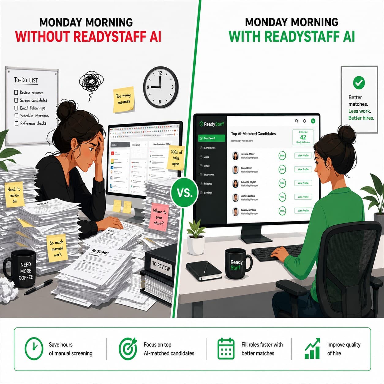 Split illustration comparing Monday morning without Ready Staff AI (a recruiter buried in resume piles and sticky notes) to Monday morning with Ready Staff AI (a calm recruiter reviewing a clean dashboard of top AI-matched candidates)
