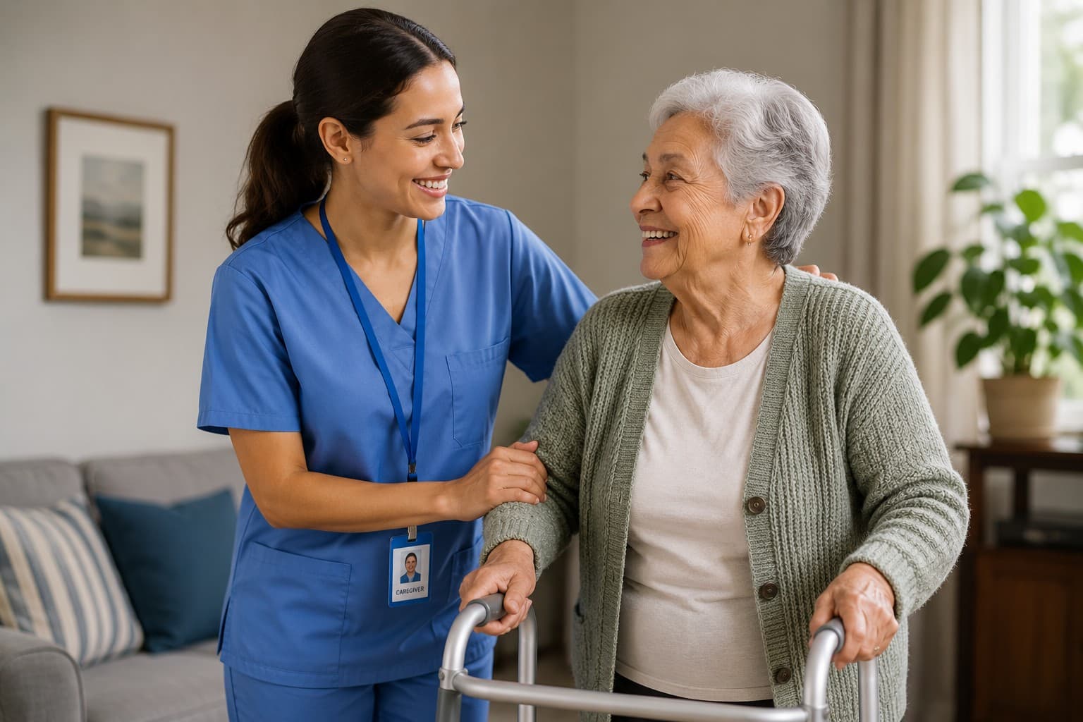 Home care aide helping an elderly woman with a walker
