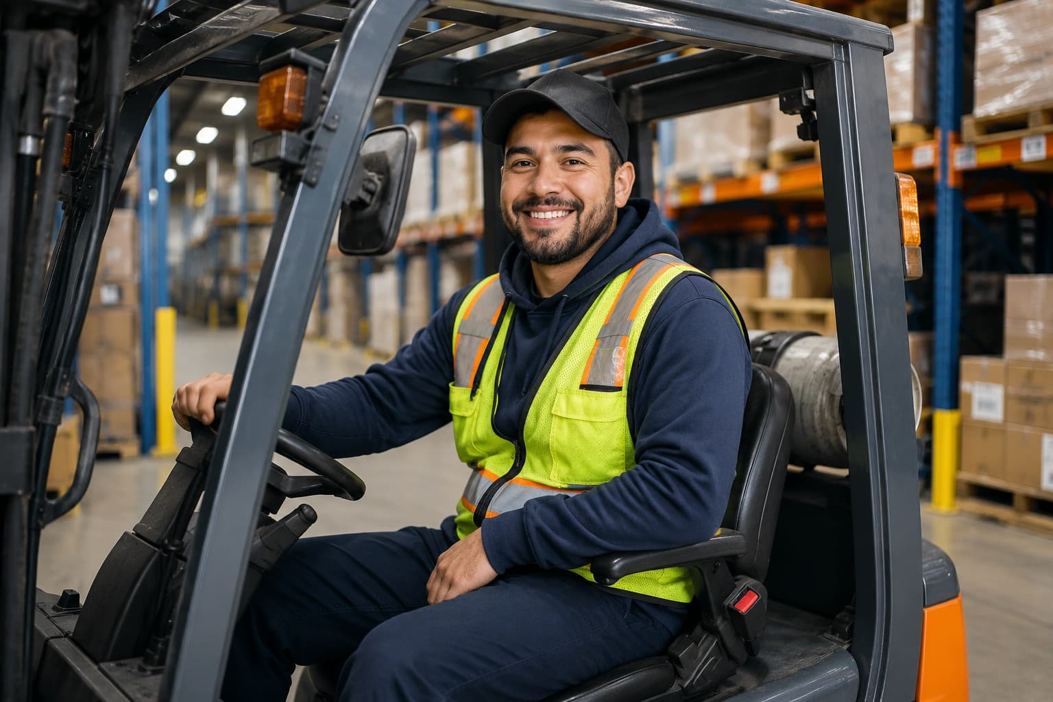 Forklift operator in a warehouse, smiling at the camera