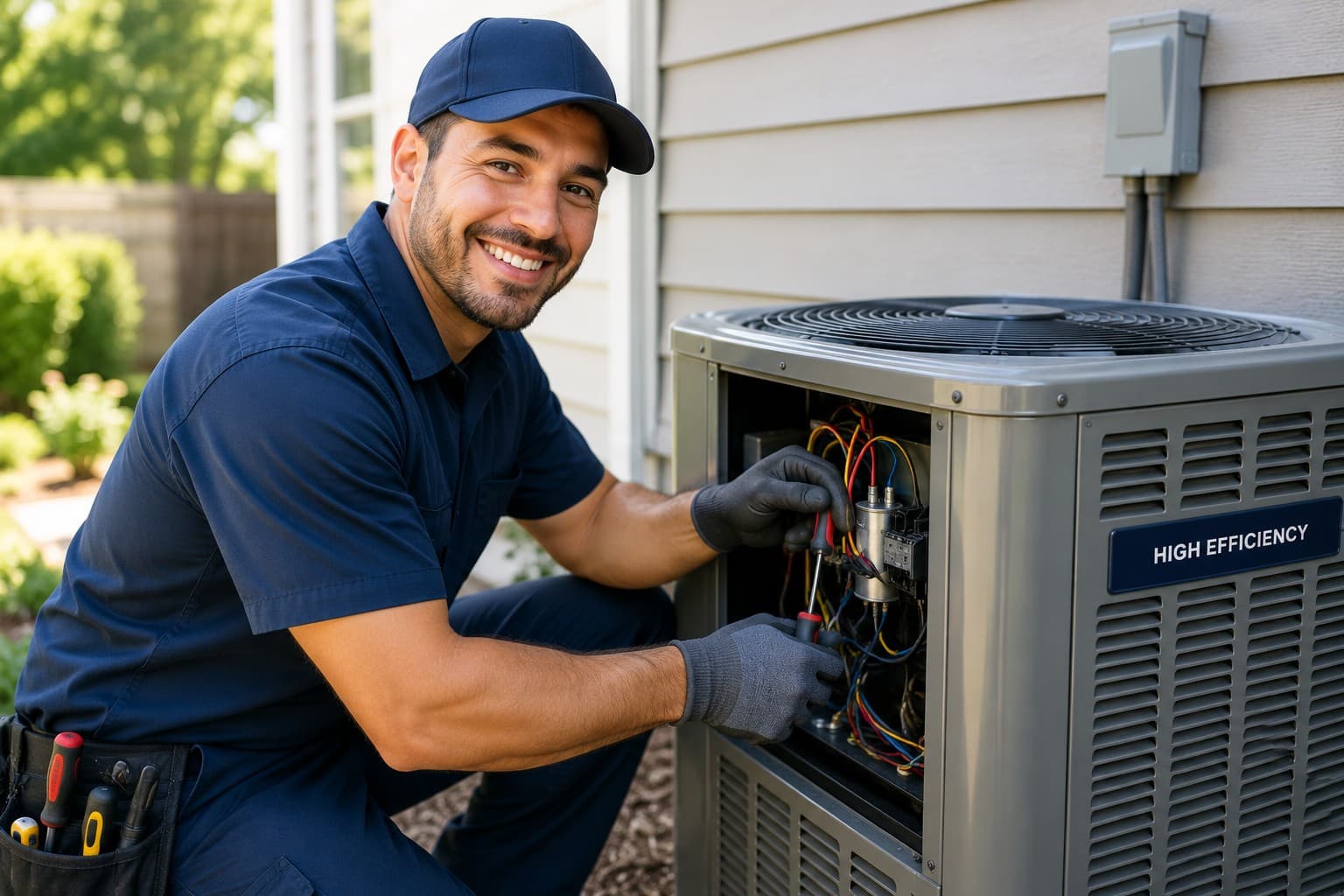 HVAC technician servicing an outdoor unit