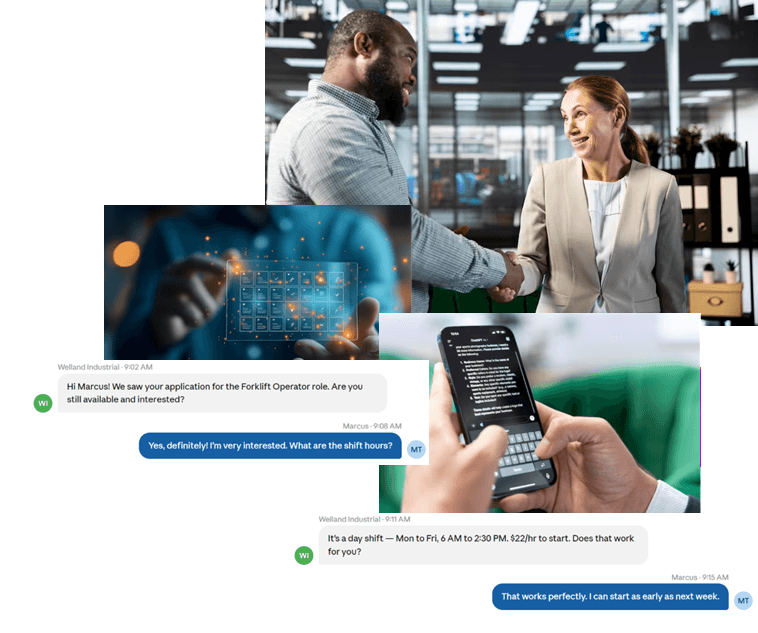 A collage showing a recruiter and candidate shaking hands, a tech network graphic, and a phone displaying a text message conversation about a Forklift Operator role